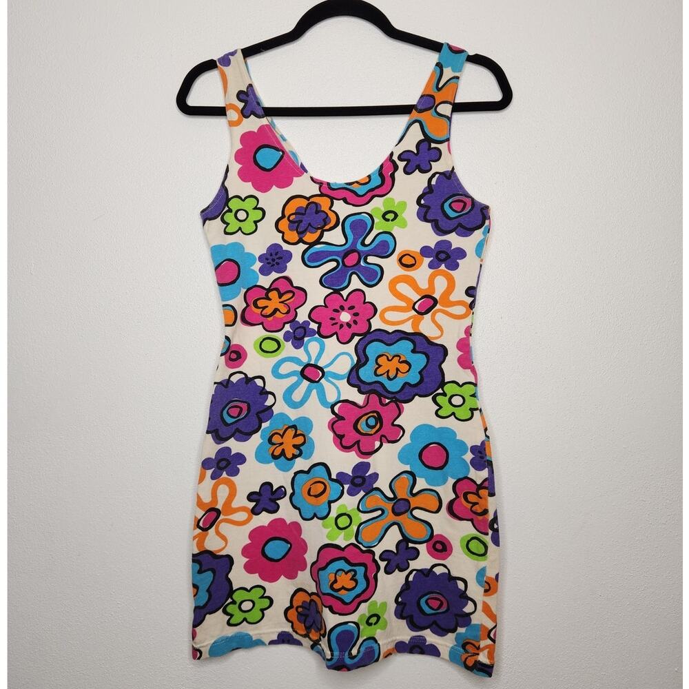 Vintage Bodycon Hippie Groovy Dress Floral Flowers Power Medium Art
